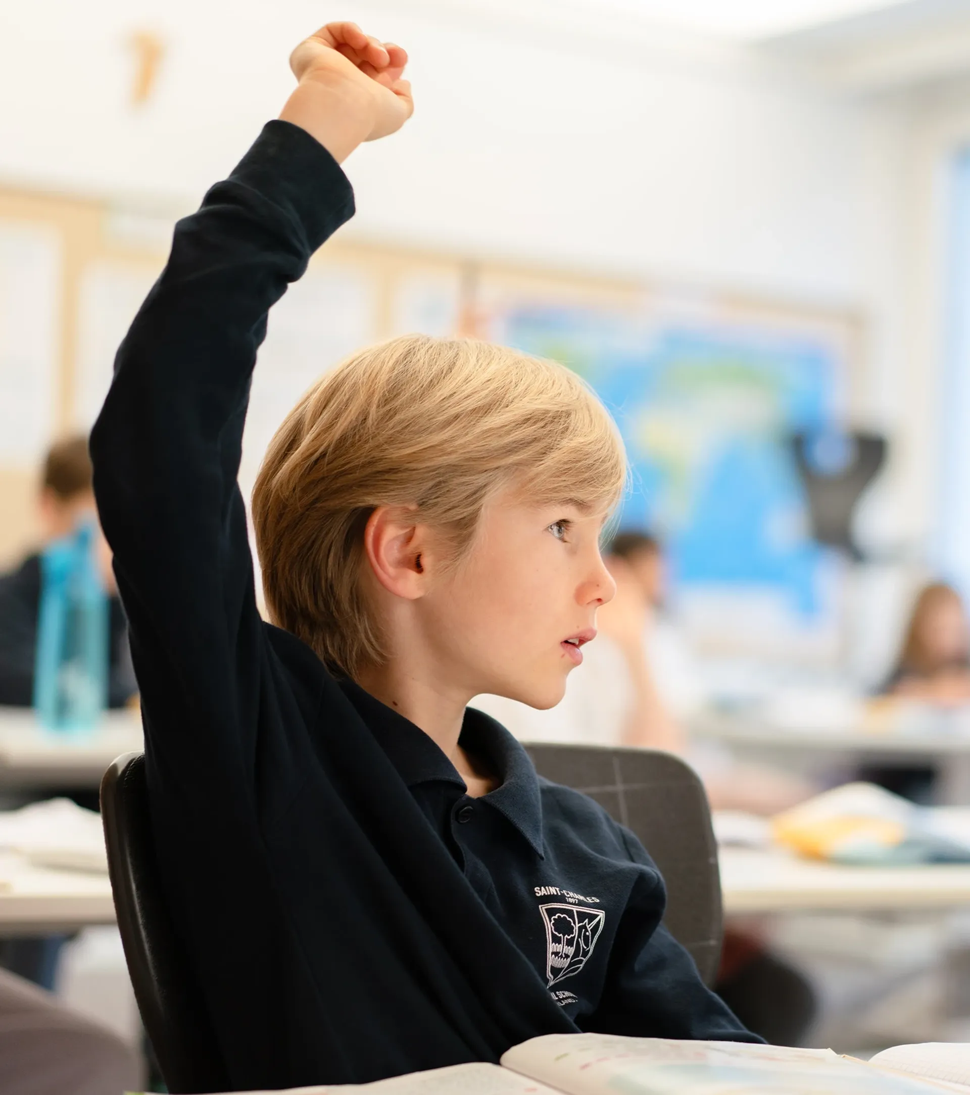 Student raising his hand in class