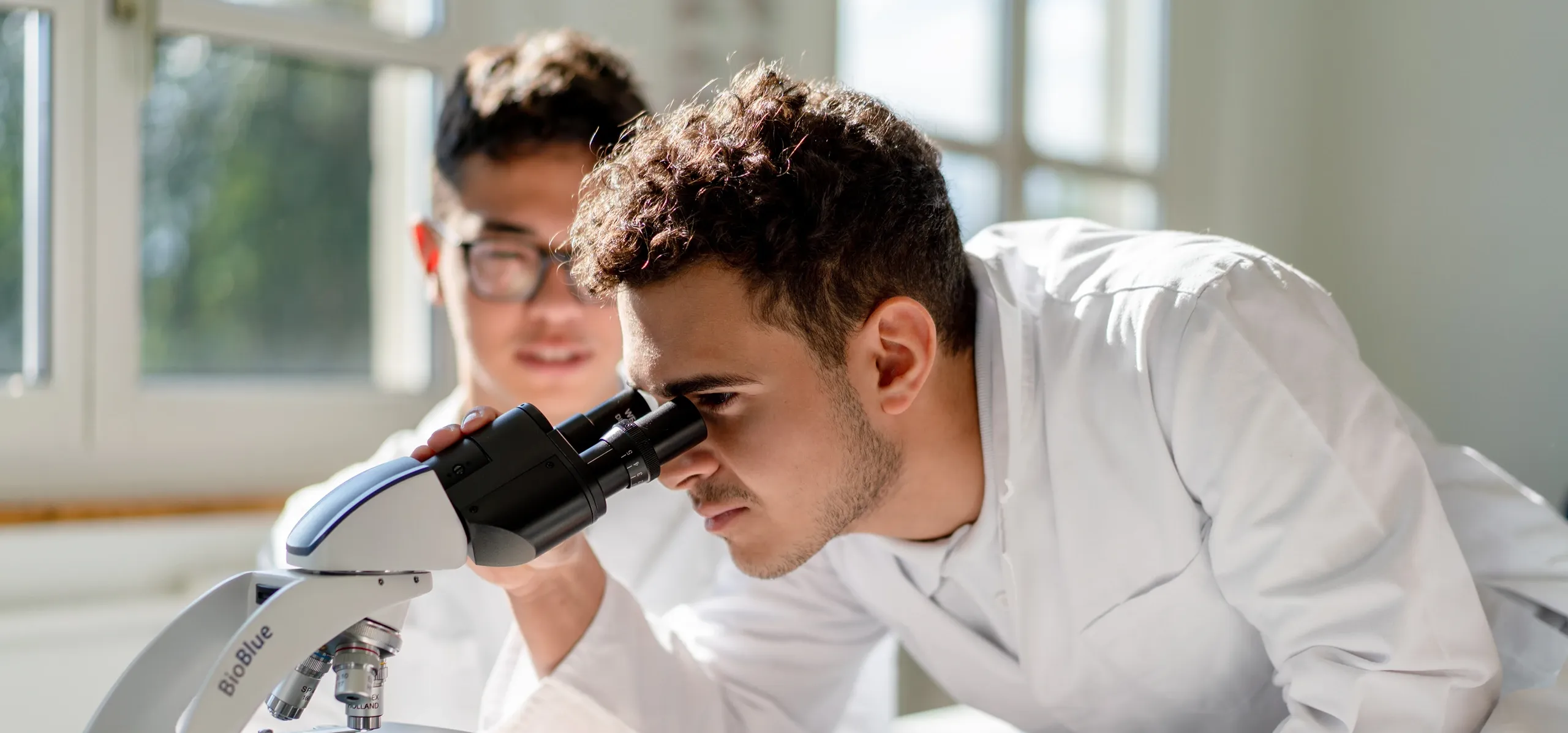 Student looking through a microscope