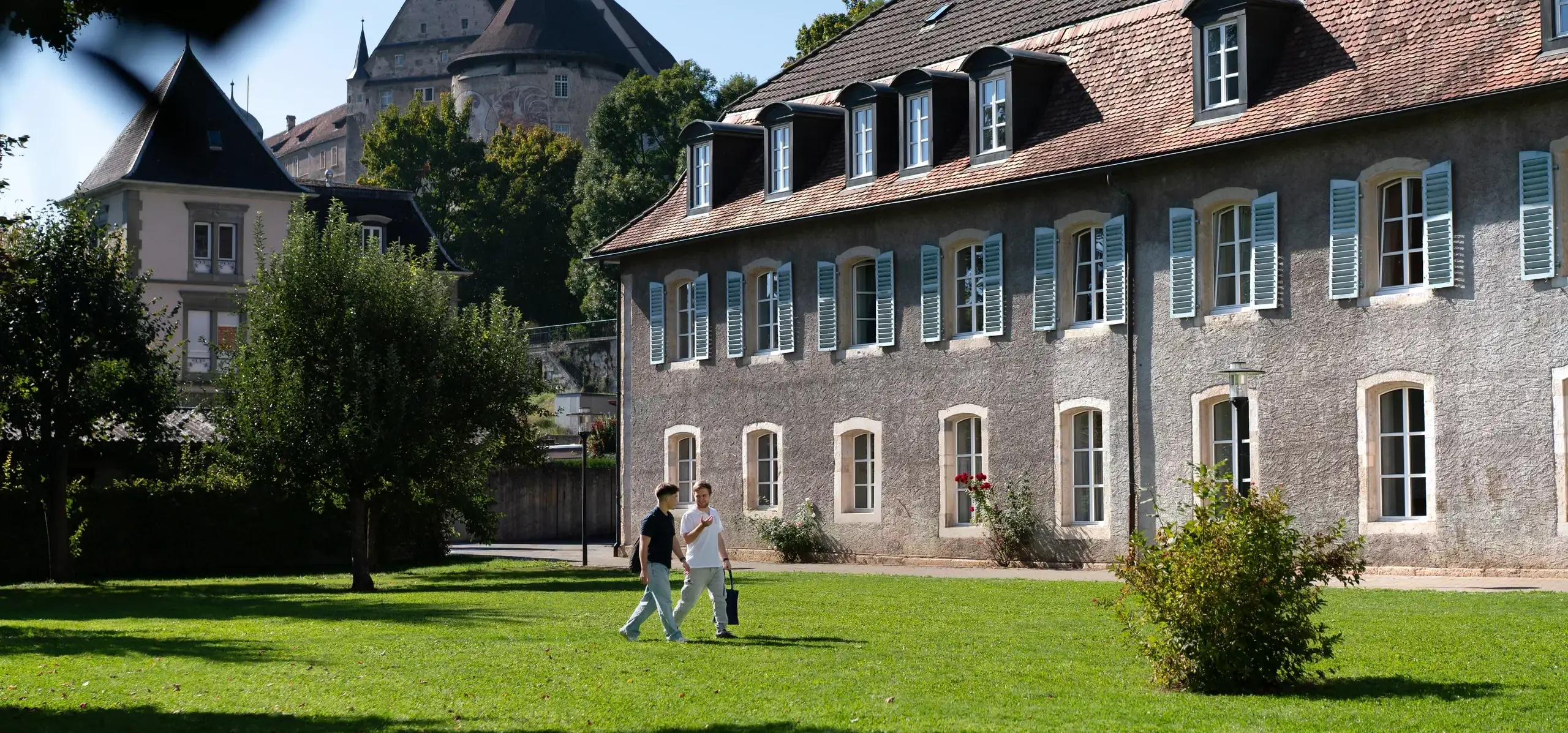 students walking across campus