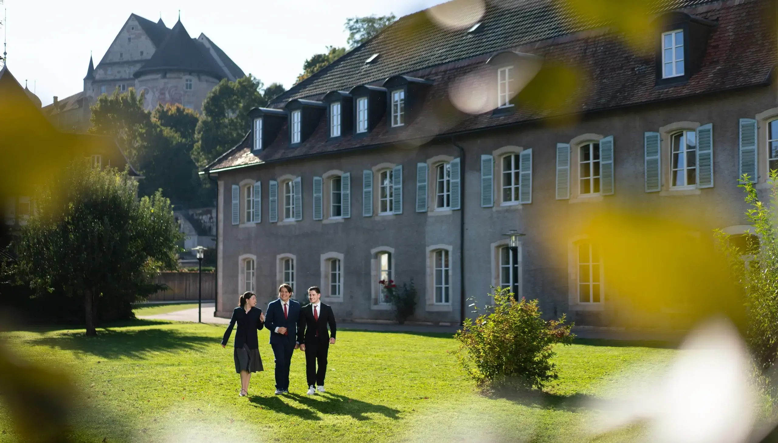 students walking across campus